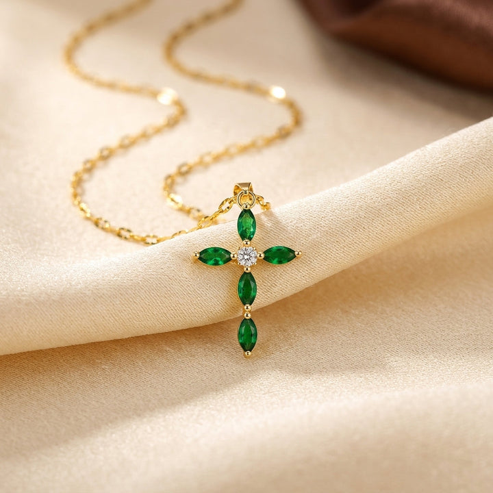 Crossed Marquise Necklace in Emerald Gold