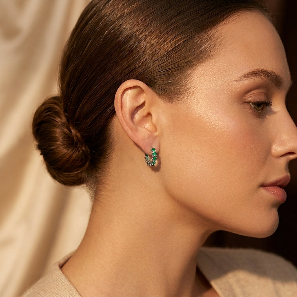 Gold and Emerald Hoop Earrings