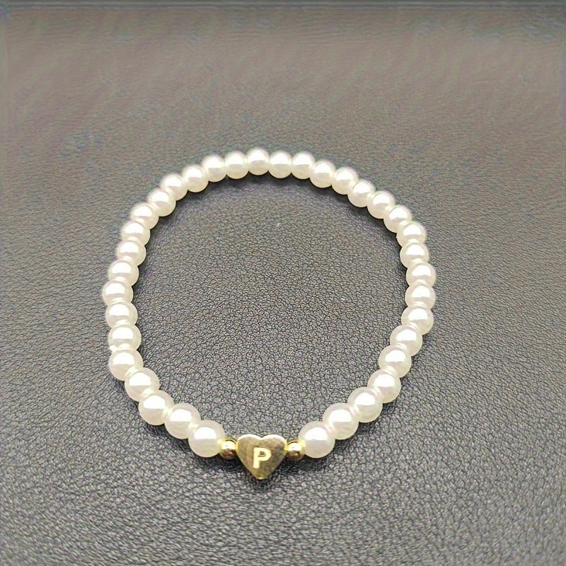 Personalised Pearl Bead Bracelet with Heart Initial Charm