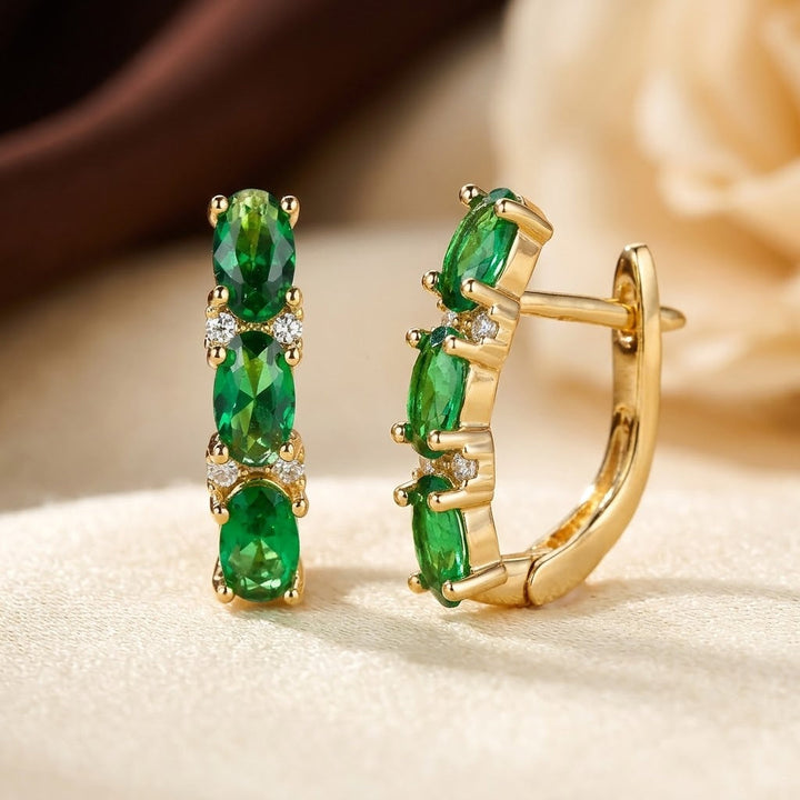 Vertical Hoop Earrings in Gold and Emerald
