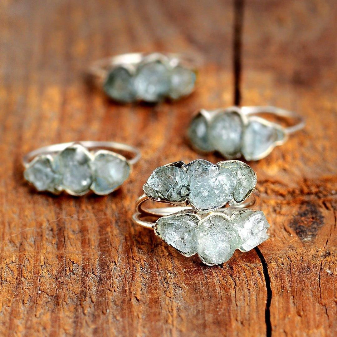 Three Stone Raw Aquamarine Ring in Sterling Silver