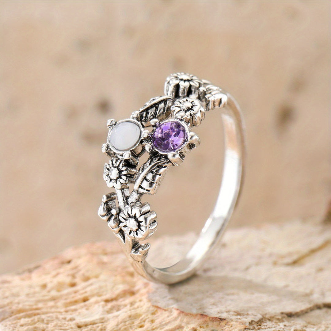 Bague Vintage Florale en Améthyste et Pierre de Lune
