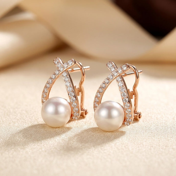 Golden Crossed Pearl Earrings