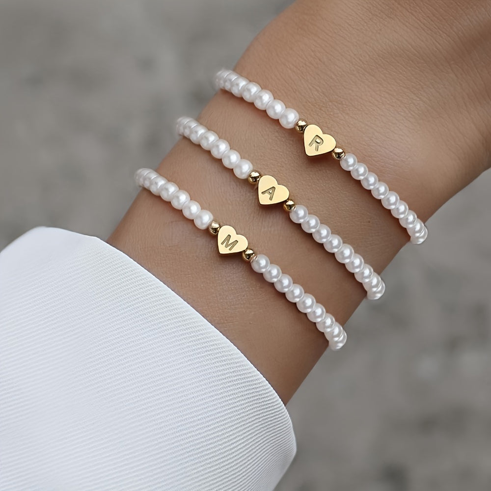 Personalised Pearl Bead Bracelet with Heart Initial Charm