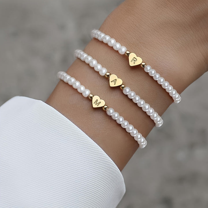 Personalised Pearl Bead Bracelet with Heart Initial Charm