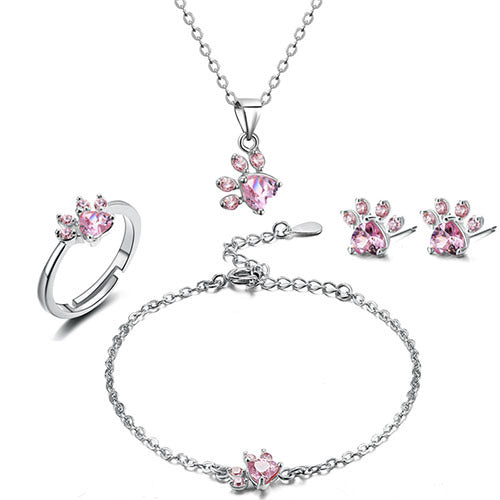 Ensemble de Bijoux Pattes en Or Rose – 4 Pièces avec Cœur en Zirconium (Bague, Collier, Boucles d&