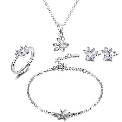 Ensemble de Bijoux Pattes en Or Rose – 4 Pièces avec Cœur en Zirconium (Bague, Collier, Boucles d&