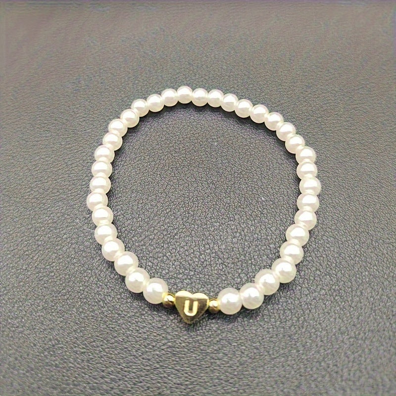 Personalised Pearl Bead Bracelet with Heart Initial Charm