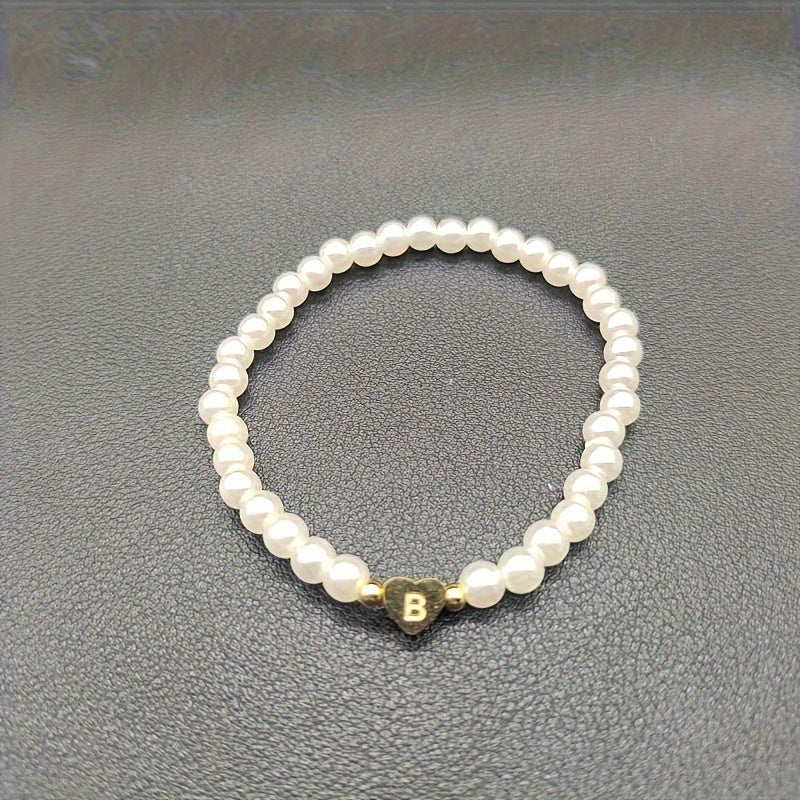 Personalised Pearl Bead Bracelet with Heart Initial Charm