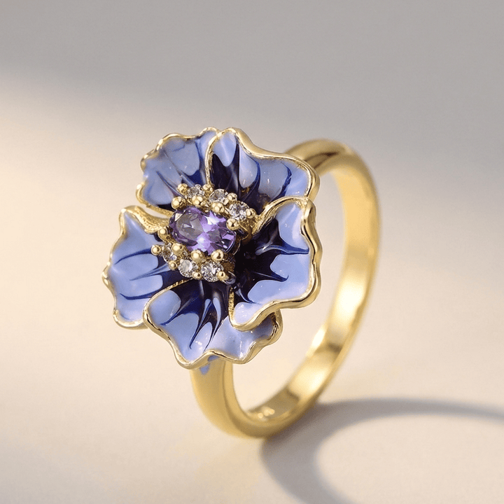 Bague en Or avec Charmant Pendentif Fleur Bleue