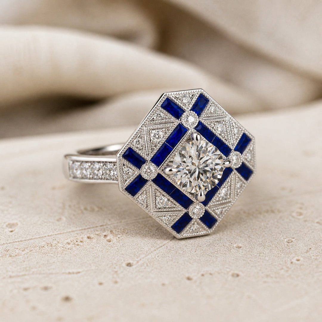 Bague de déclaration en saphir géométrique