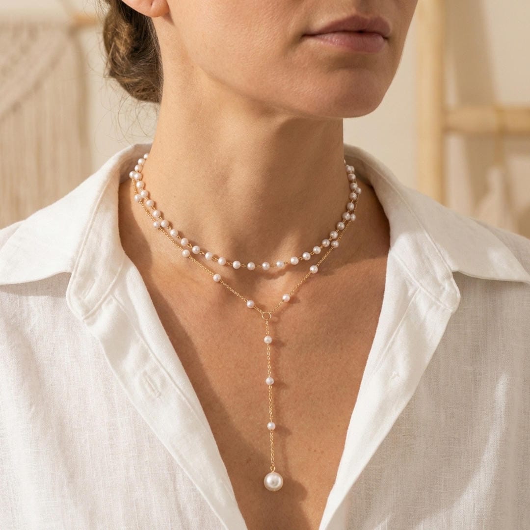 Collier Y superposé en chaîne avec perles