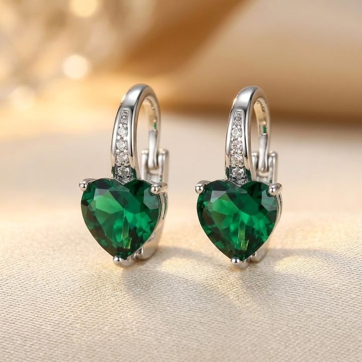 Silver and Emerald Heart-Shaped Hoop Earrings