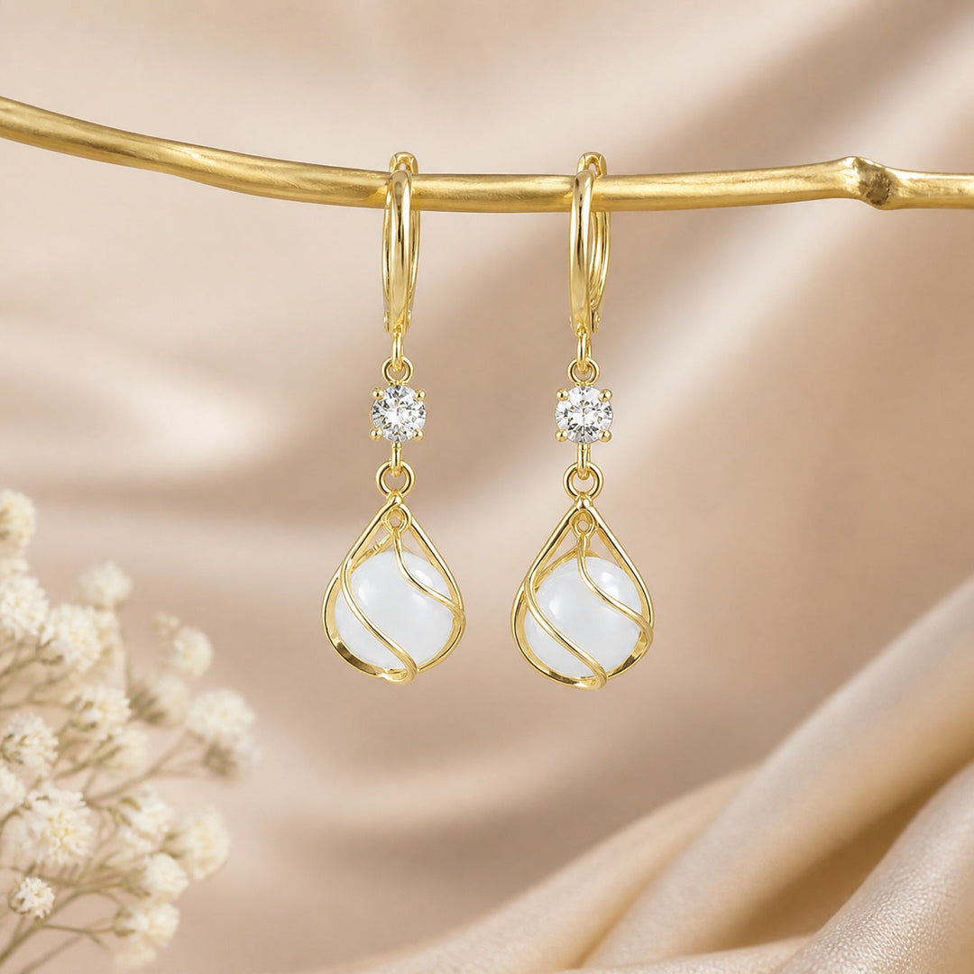 Drop Earrings in White Opal Wrapped in Gold Wire