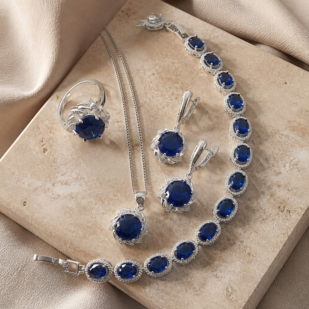Ensemble de Bijoux en Argent avec Saphir Royal