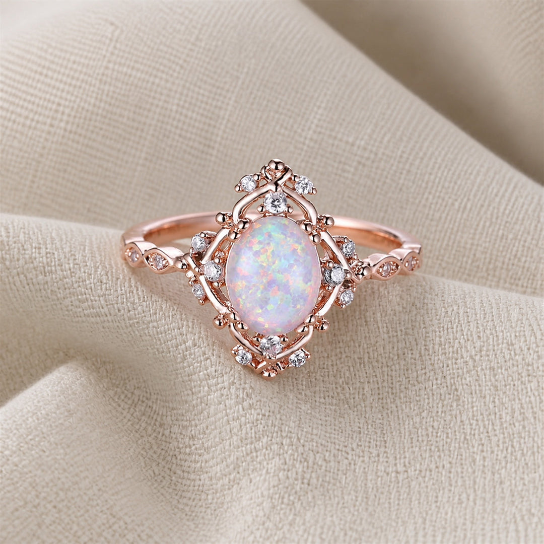 Oval White Fire Opal Flower Ring