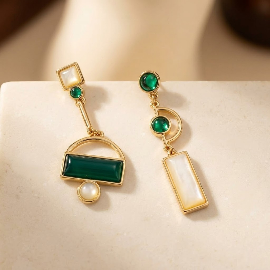 Geometric Gold and Emerald Earrings