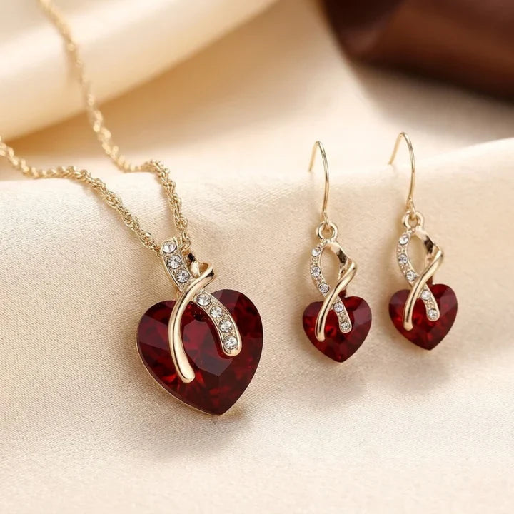 Gold and Ruby Twisted Heart Jewelry Set