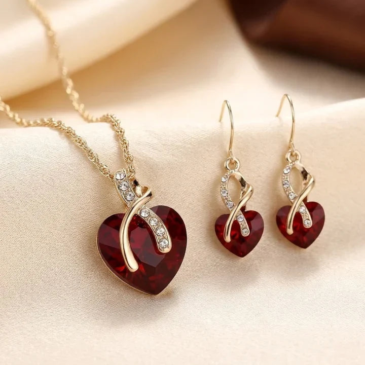 Gold Ruby Twisted Heart Jewellery Set