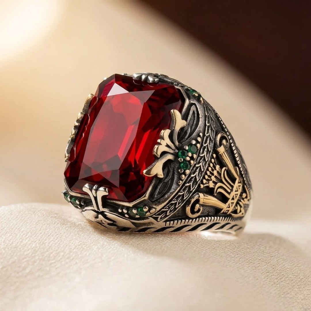 Ornate Silver and Ruby Signet Ring