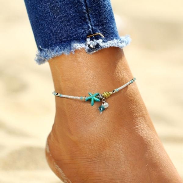 Bracelet de cheville étoile et coquillage orné de pierres naturelles