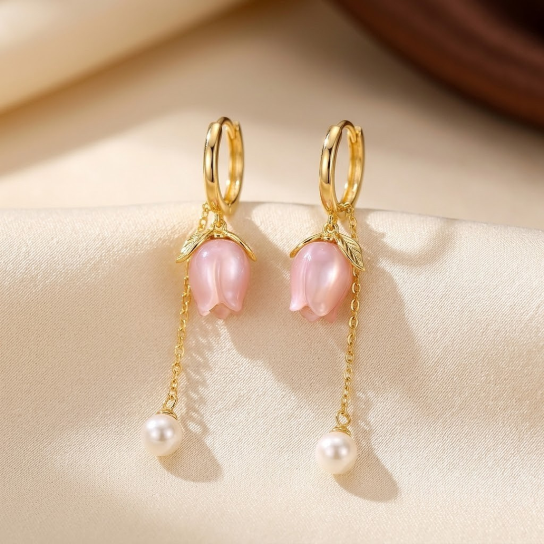 Gold Beaded Earrings with Floral Pattern