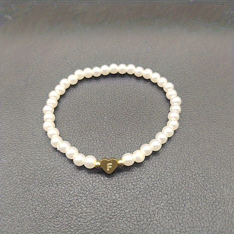 Personalised Pearl Bead Bracelet with Heart Initial Charm