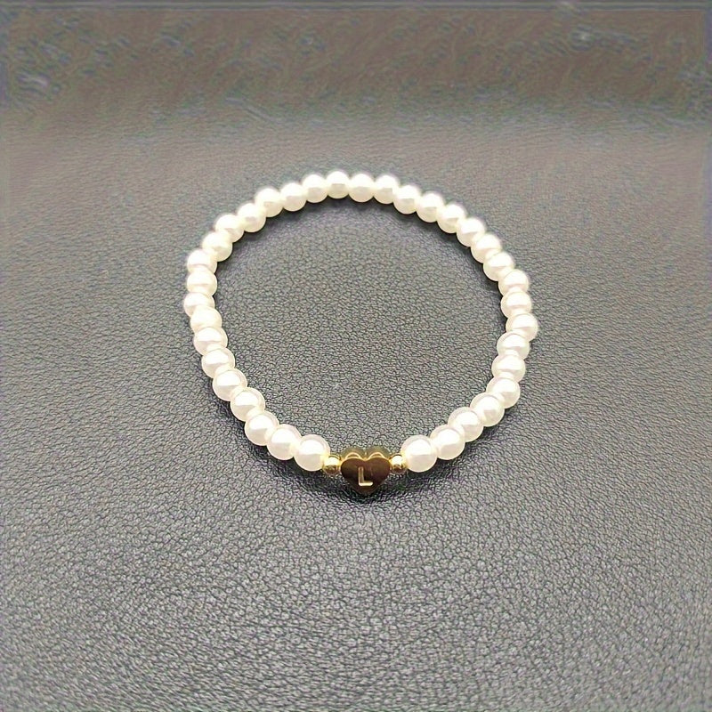 Personalised Pearl Bead Bracelet with Heart Initial Charm