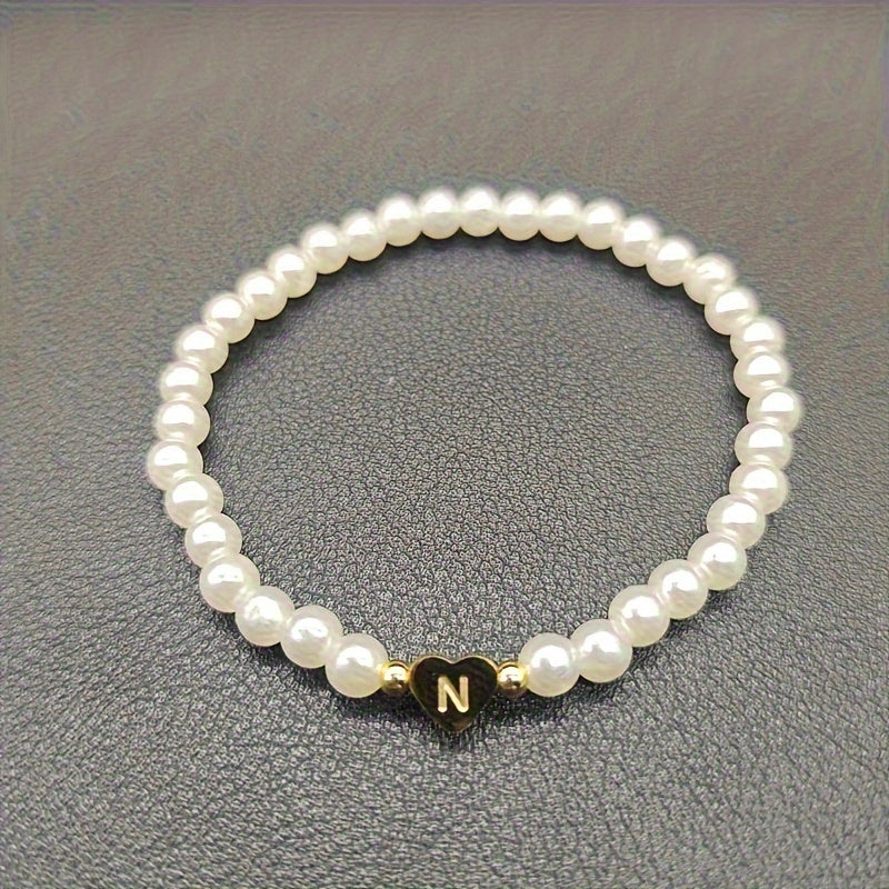 Personalised Pearl Bead Bracelet with Heart Initial Charm