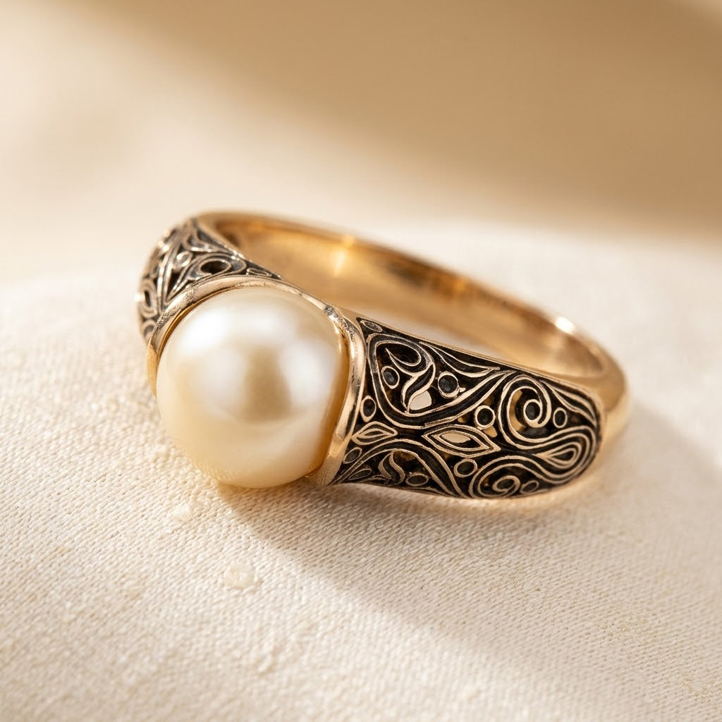 Pearl and Gold Filigree Ring