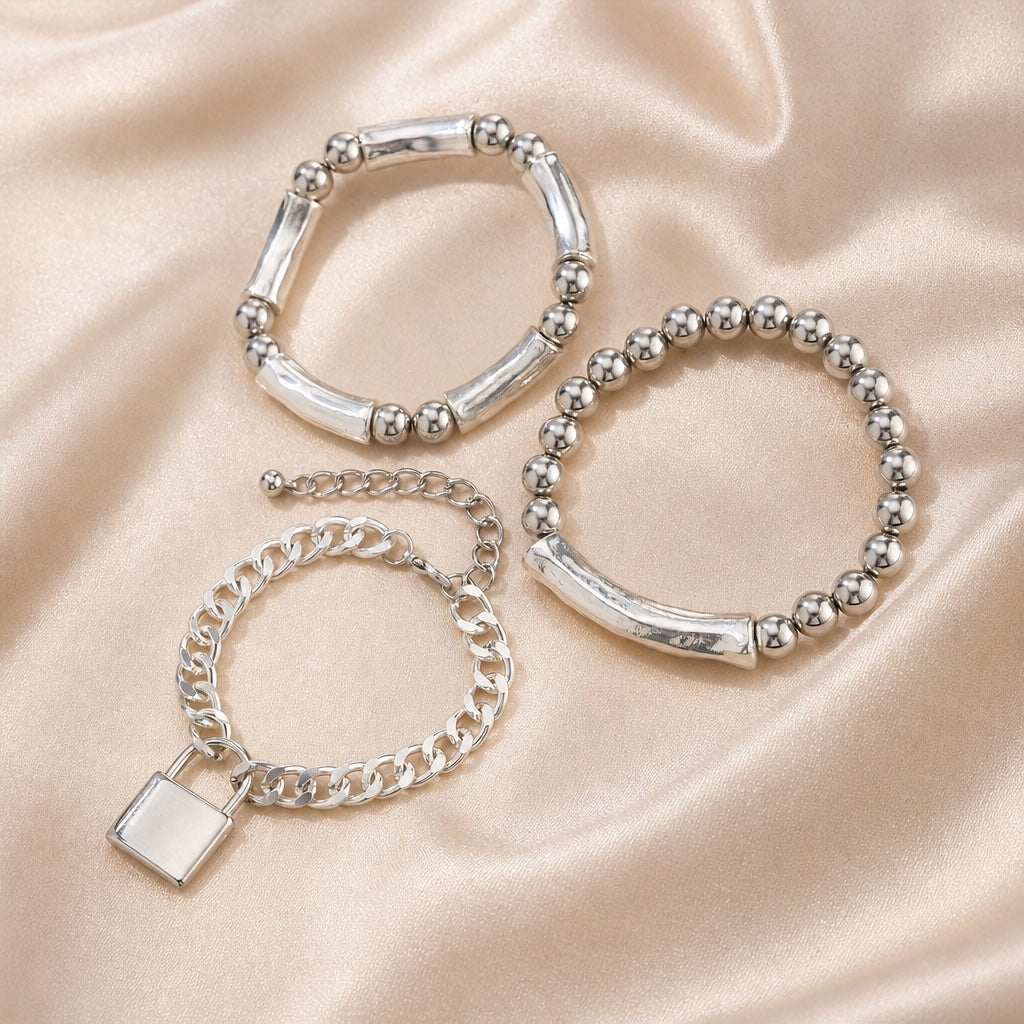 Ensemble de Bracelets Punk en Or Blanc avec Fermoir