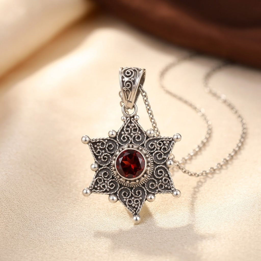 Collier Pendentif Étoile en Argent et Rubis
