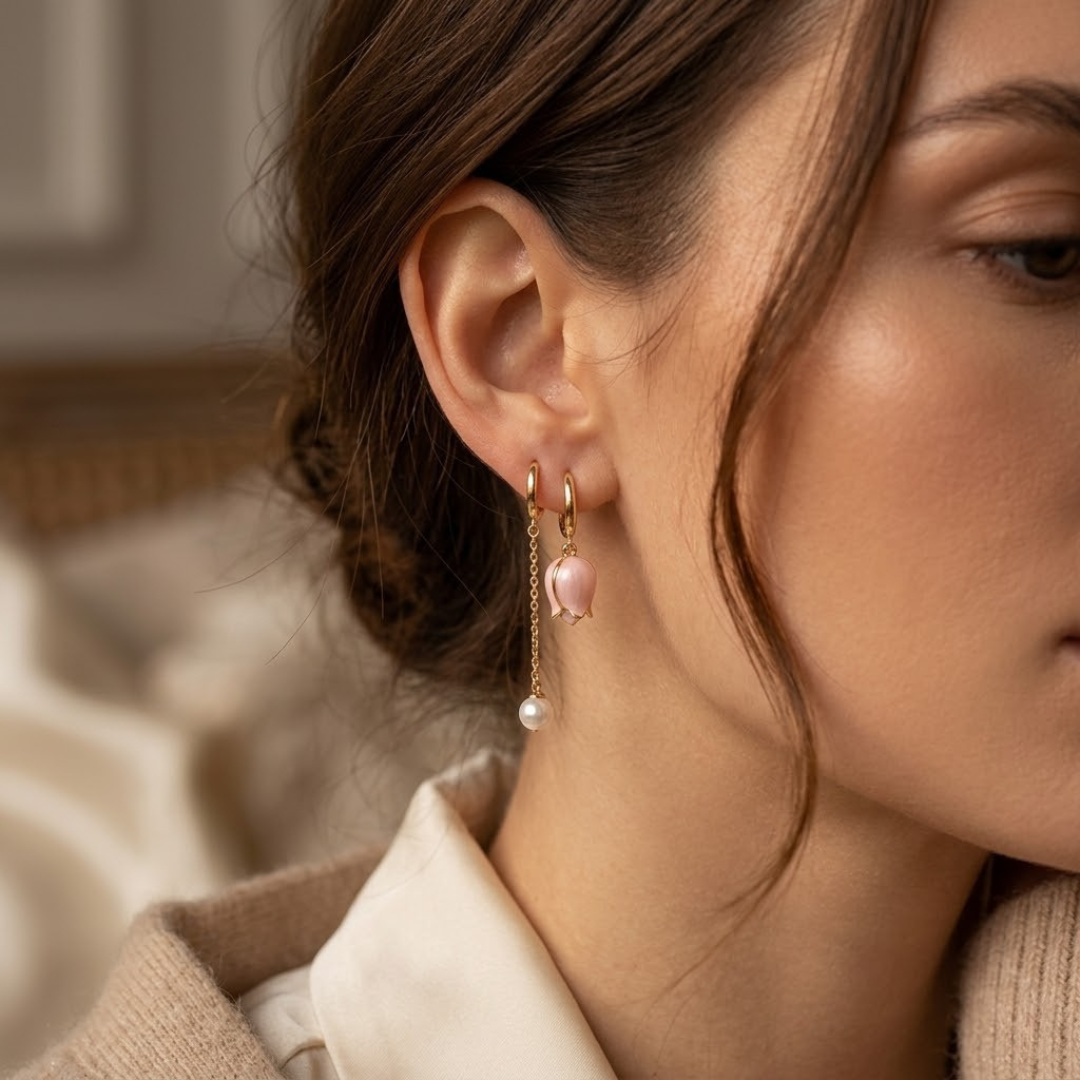 Gold Beaded Earrings with Floral Pattern