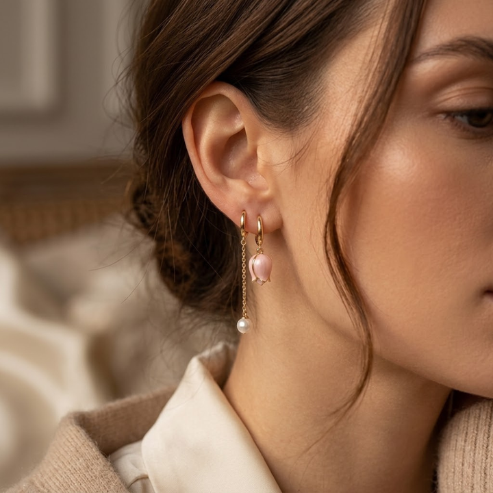 Gold Beaded Earrings with Floral Pattern
