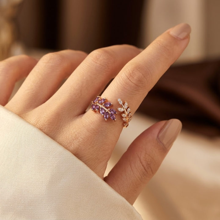 Gold and Amethyst Leaf-Shaped Ring