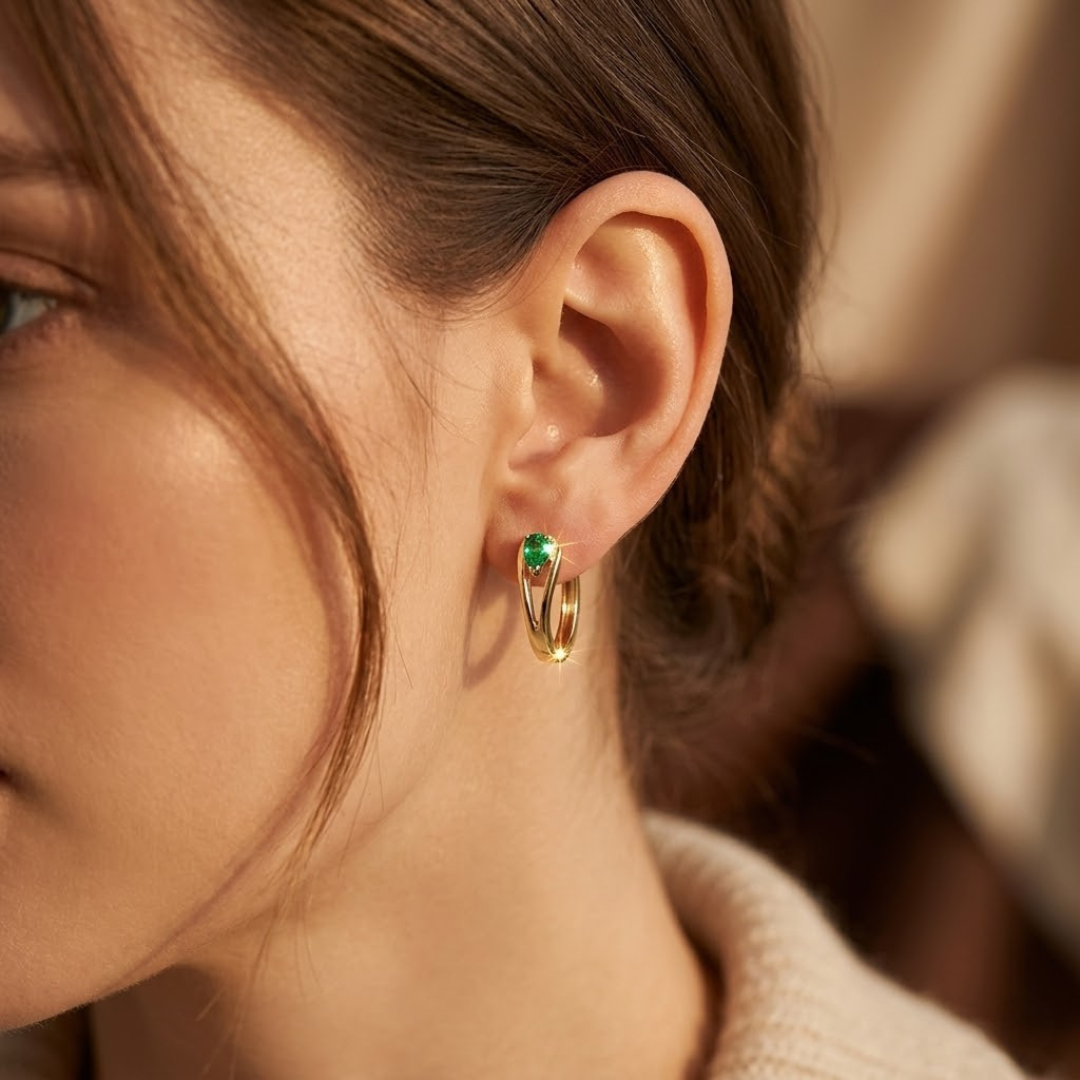 Emerald-Studded Gold Hoop Earrings