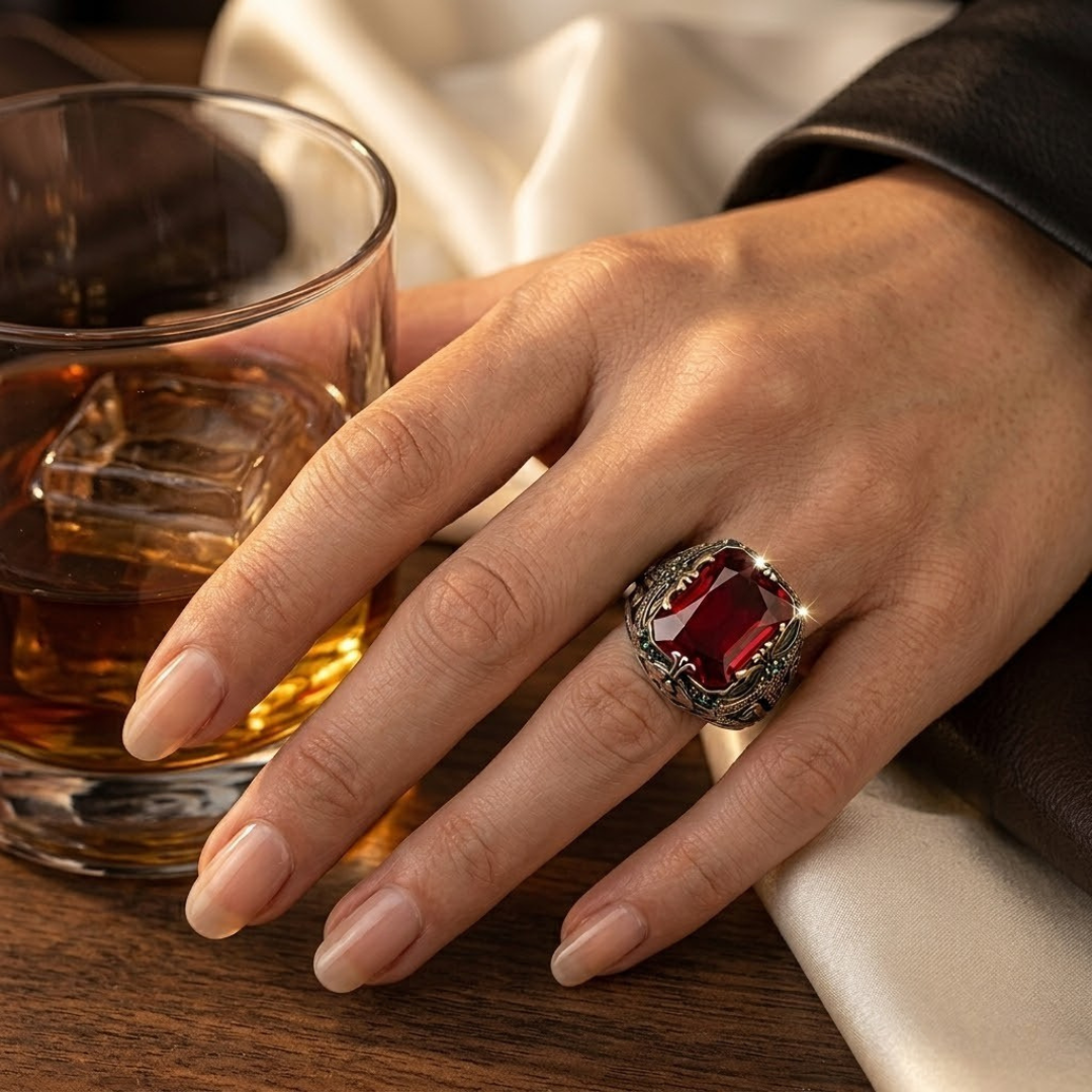 Ornate Silver and Ruby Signet Ring