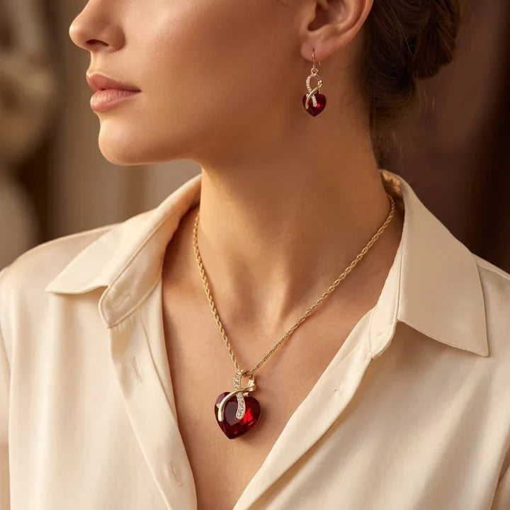 Gold and Ruby Twisted Heart Jewelry Set