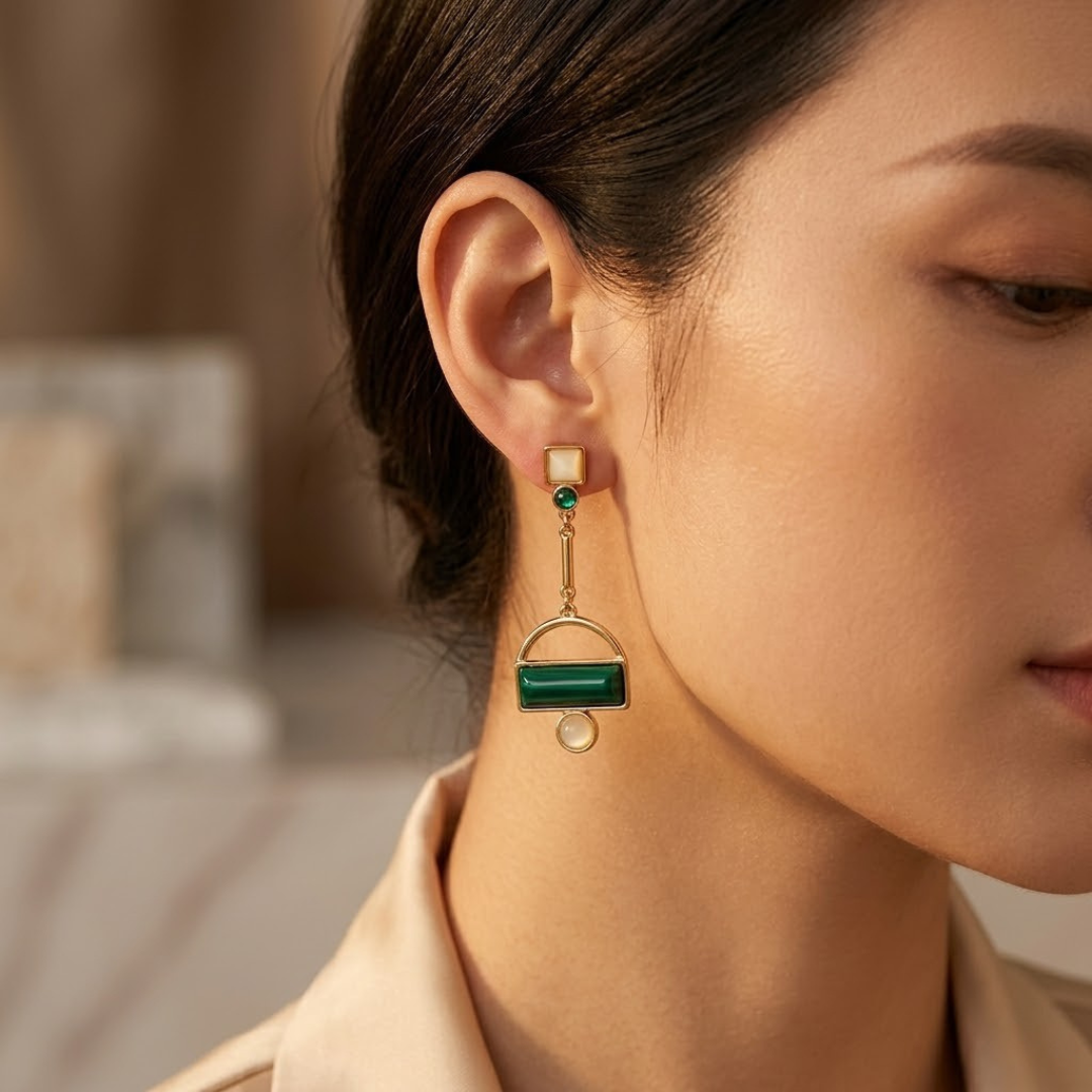 Geometric Gold and Emerald Earrings