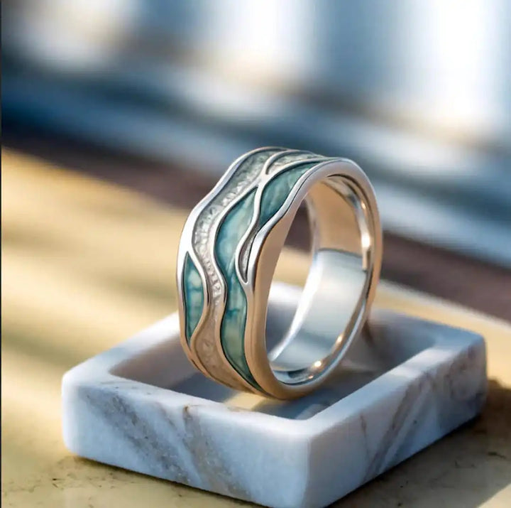 Silver Ring with Turquoise Ocean Wave