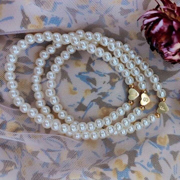 Personalised Pearl Bead Bracelet with Heart Initial Charm
