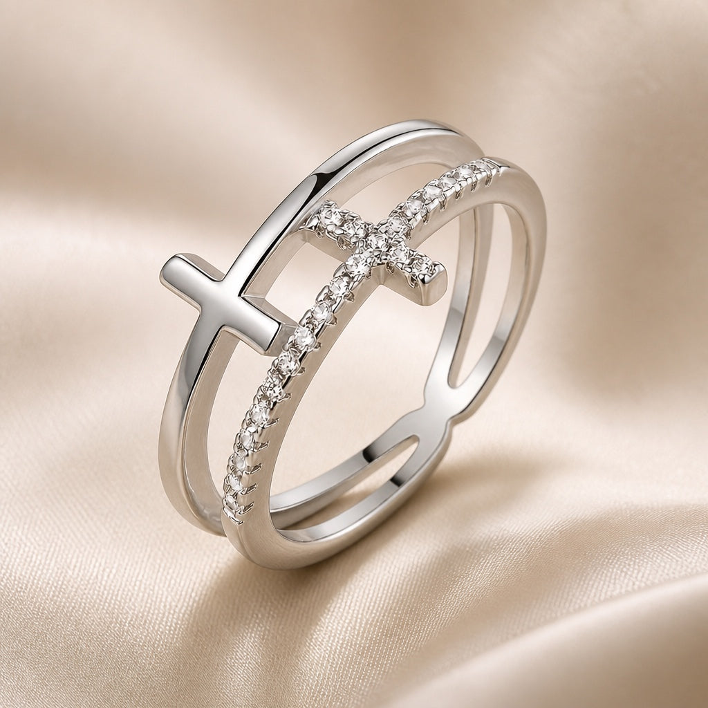 Bague Croisée en Zirconium et Or Blanc à Double Couche