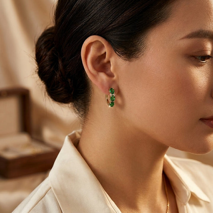 Vertical Hoop Earrings in Gold and Emerald