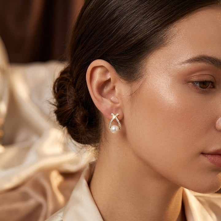 Golden Crossed Pearl Earrings