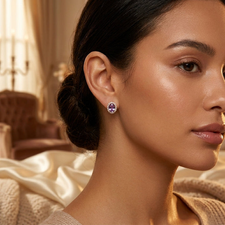 Halo Earrings in Gold and Amethyst