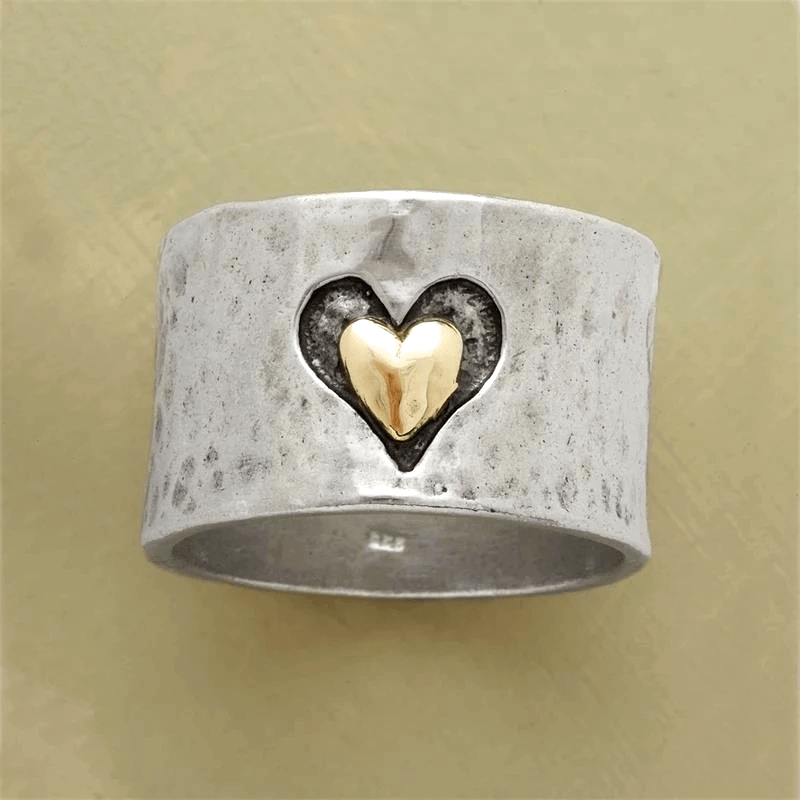 Bague Rétro Bicolore en Argent en Forme de Cœur