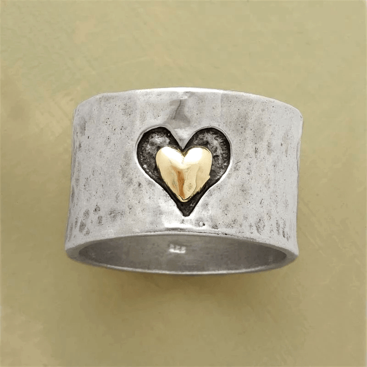 Bague Rétro Bicolore en Argent en Forme de Cœur