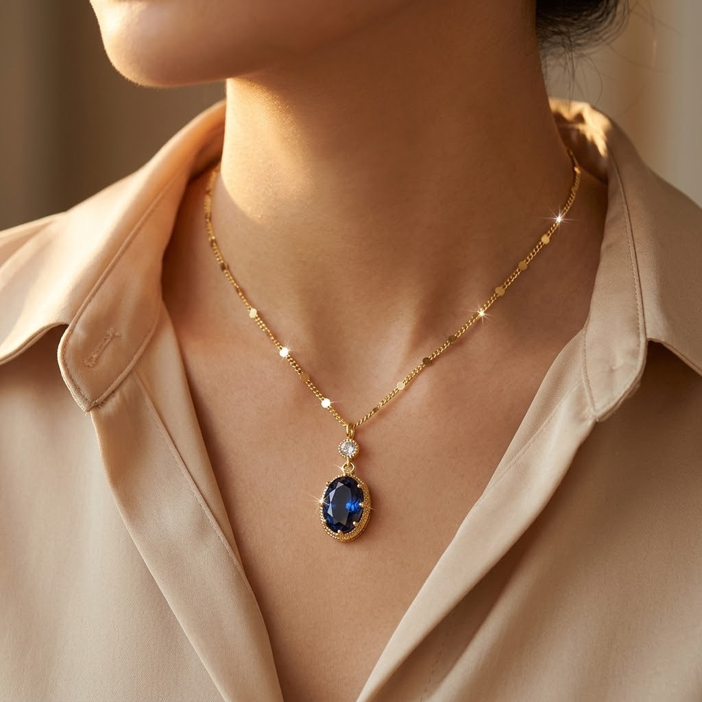 Gold necklace with oval sapphire pendant