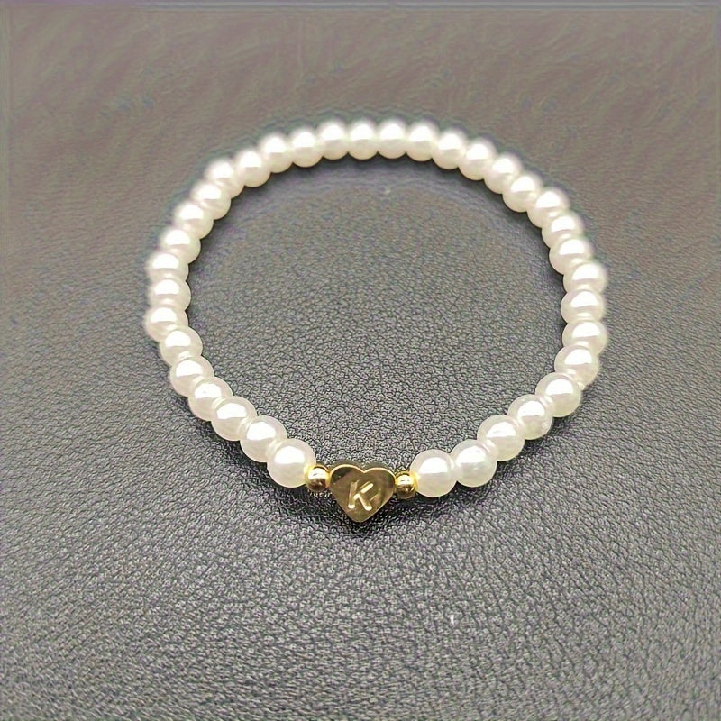 Personalised Pearl Bead Bracelet with Heart Initial Charm