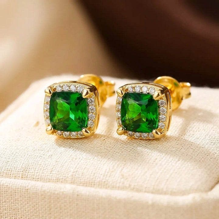 Emerald Halo Gold Stud Earrings
